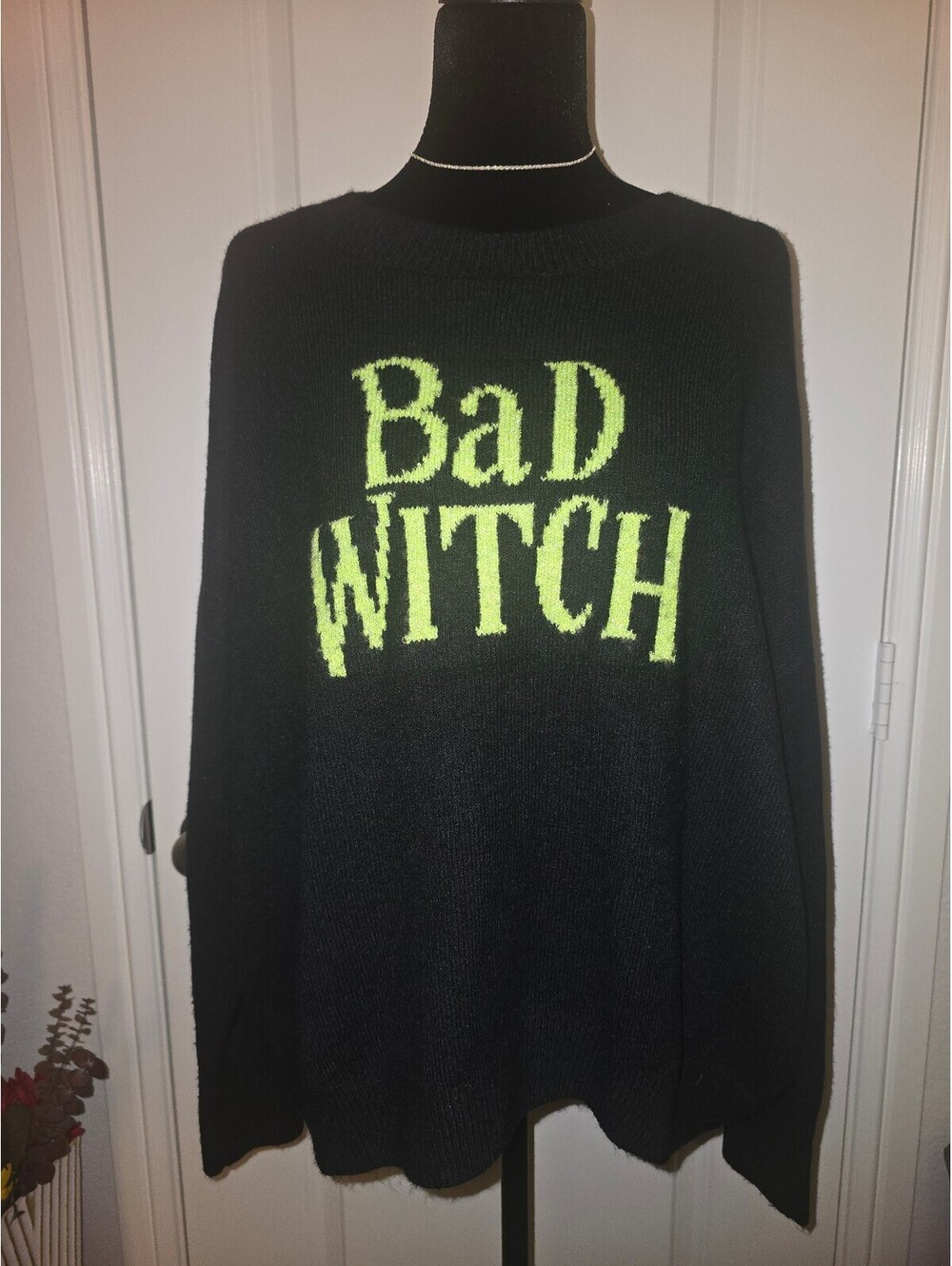 Vince Camuto Black Knit Sweater with Neon Green 'Bad Witch' Text, Size Large